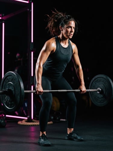 Uma mulher atlética, acima de 30 anos, em roupas de alta performance, focada durante um treino intenso em um estúdio escuro com iluminação de borda rosa neon, alto contraste, 35mm lens