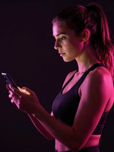 Mulher atlética acima de 30 anos, de perfil, olhando para uma tela de smartphone com um plano de treino, em um ambiente de estúdio escuro com iluminação de borda rosa neon, alto contraste, 35mm lens