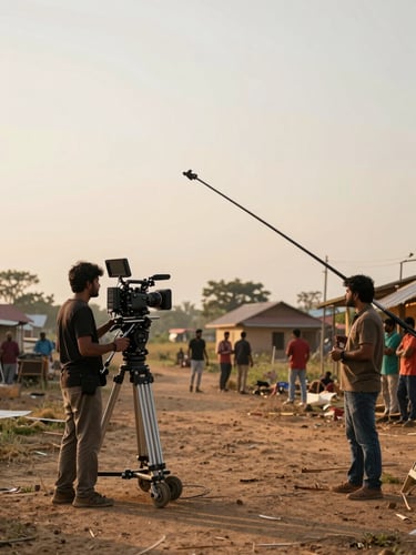 Marathi web series production still — wide shot of a village exterior location with crew visible at the edges, golden late-afternoon light, camera and boom operator in mid-frame