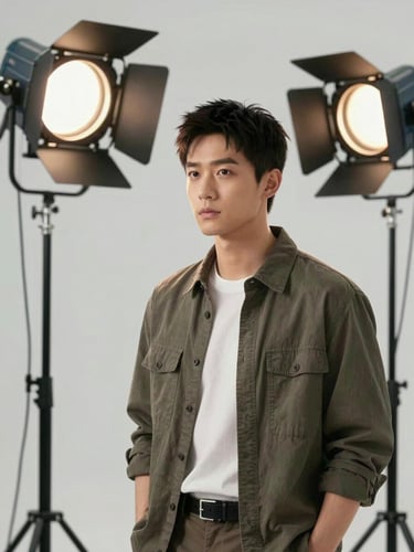 Controlled studio production frame for NH Studios — a lead actor in character under precise three-point lighting, clean background, broadcast-ready finish