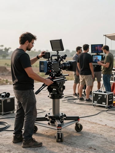 Wide environmental shot of a film production set in natural afternoon light, camera operator adjusting a cinema camera on a rig in the foreground, crew members in background reviewing monitors, cables and equipment scattered across a concrete floor, depth and documentary candour