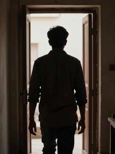 Moody close-up still from a Hindi drama film — a lone figure in silhouette against a dimly lit doorway, natural production lighting, tension-filled framing