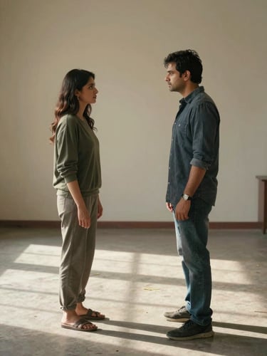 Cinematic still from a Hindi feature — two characters facing off across a sparse interior, available light cutting hard shadows, raw documentary-style framing