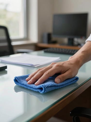 Close-up of a professional cleaning in progress inside a Vizcaya office, hands using a microfibre cloth on a glass desk surface, natural window light from the left, papers and a monitor visible in soft background focus, no staging