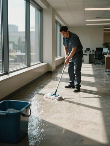 Wide environmental shot inside a Vizcaya office—a worker mopping a tiled floor near a window, natural daylight streaming across the wet surface, mop and bucket visible in the foreground, the room receding into the background on the right
