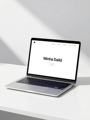 Minimalist web design mockup on a sleek laptop screen, high-key studio lighting, soft shadows, slate-blue accents, clean desk setup