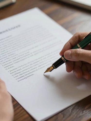 Close-up of a fountain pen on heavy textured paper, hands reviewing physical legal documents on a dark wooden desk, soft overcast European daylight, natural shadows, warm editorial photography, 35mm.