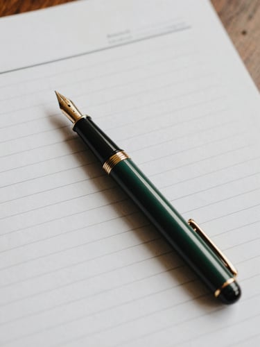 An elegant close-up of a fountain pen resting on heavy textured legal paper, natural overhead light, soft shadows, warm editorial aesthetic.