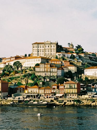 Warm editorial photography of historic Porto architecture along the Douro river, soft overcast European daylight, deep forest green tones, 35mm