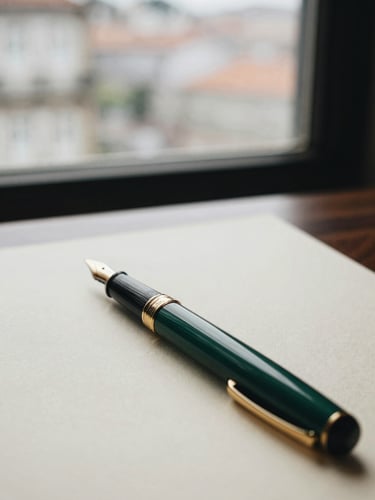 Close-up of a fountain pen resting on heavy textured cream paper, soft overcast daylight from a window in a Porto law office, shallow depth of field, 35mm