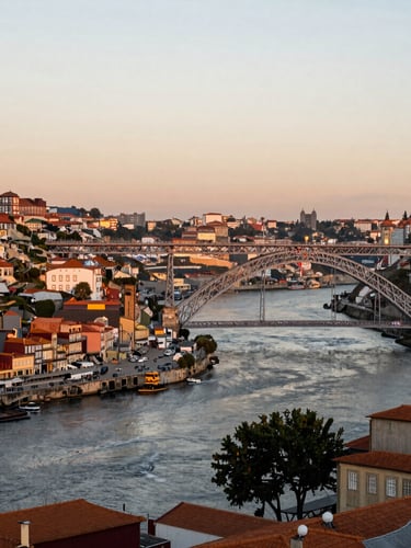 Warm editorial photography of historic Porto architecture along the Douro river, soft overcast European daylight, deep forest green tones, 35mm