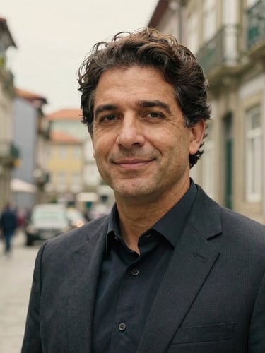 Close-up portrait of Dr. Luiz Bandeira, a professional Brazilian attorney in his late 30s, non-smiling, confident expression, wearing a tailored dark suit, natural overcast daylight in a historic Porto street, soft-focus stone architecture background.