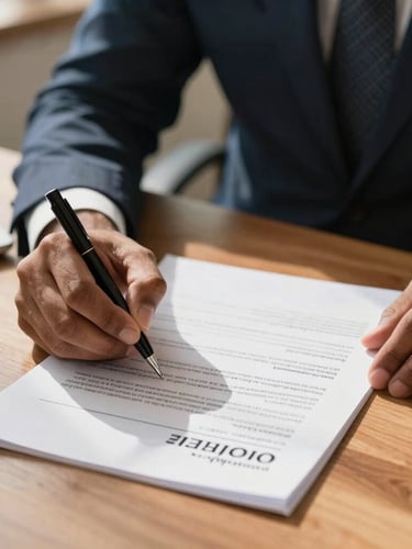 Close-up of hands signing incorporation documents on a clean wooden desk, warm natural daylight, professional Indian office setting