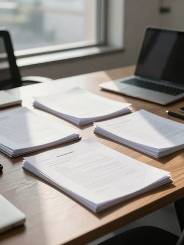 A medium shot of a clean, organized workspace in a modern New Delhi office, with physical documents neatly arranged on a wooden desk, bright and diffused natural daylight streaming through a large window.