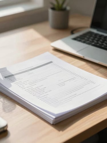 A bright, modern Indian office workspace with organized physical tax documents on a clean wooden desk, soft natural morning light streaming in.
