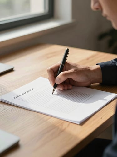 Medium-close shot of a professional hand signing a clean physical document on a light oak desk, bathed in soft, diffused morning sunlight from a nearby window.