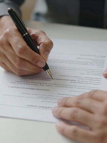 A close-up shot of hands carefully signing a compliance document with a fountain pen on a textured paper surface, soft natural daylight, minimalist and structured composition.