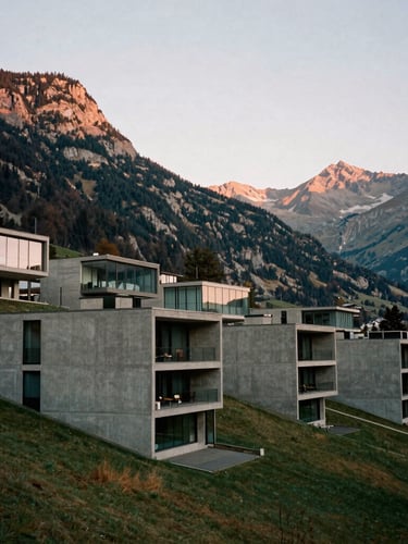 Wide environmental shot of a modernist concrete and glass estate nestled into a Swiss mountainside during golden hour, soft natural light, medium format film.
