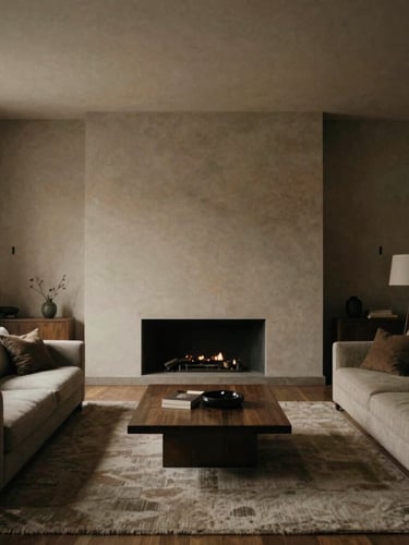 Symmetrical architectural view of a minimalist luxury living room, low-key natural light, warm desaturated tones, medium format film
