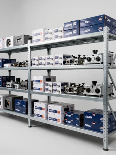 Clean spacious automotive warehouse in Vietnam with neatly organized shelves of boxed NKU and JUNN spare parts, bright even lighting, industrial silver and navy blue tones