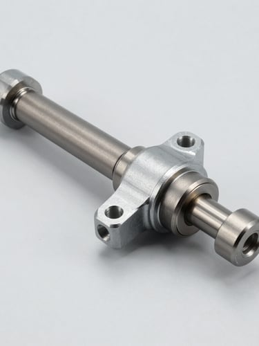 Crisp studio photography of a high-precision metal steering rack and pinion joint, bright even lighting, neutral light gray background, sharp technical details, 50mm lens