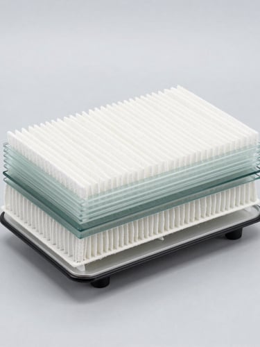 Detailed cross-section of a multi-layer automotive filter element, showing synthetic fibers and micro-glass media, technical presentation, studio lighting