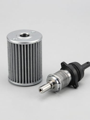 Crisp studio shot of a high-performance JUNN oil filter and an ignition coil on a neutral light gray background, bright even lighting, highlighting metallic and rubber textures