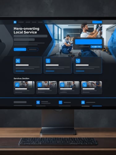 Straight-on desktop mockup of a high-converting local service website on a dark, sleek background, vibrant electric blue accents, sharp UI, clean modern daylight.