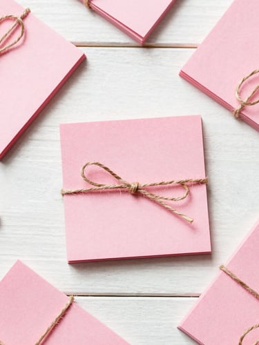 Overhead flat-lay of vibrant pink watercolor note cards tied with natural twine on a sunlit white wooden table, soft shadows, 35mm