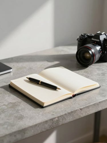 Minimalist concrete desk with an analog notebook, fountain pen, and a professional camera. Soft morning light casting long shadows across the architectural workspace.
