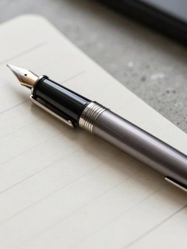 Macro close-up of a premium fountain pen resting on a heavy-weight textured paper notebook, clean architectural lines of a concrete desk, soft morning side-light, minimalist composition.