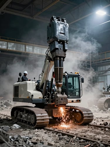 Wide environmental shot of a mobile line boring rig deployed on-site at a mining location, engineer operating equipment, dramatic high-contrast industrial lighting, cool steel tones, dust in the air, 35mm