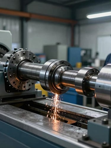 Wide shot of a heavy-duty truck driveshaft undergoing dynamic balancing on a precision machine, industrial workshop lighting, cool steel tones, engineer observing, sharp focus.