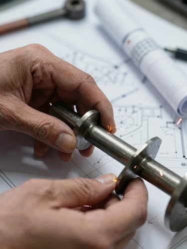 Close-up of an engineer's hands inspecting a custom-fabricated plough tine, with blueprints and tools in the background, industrial lighting, cool steel tones, sharp macro focus, 35mm