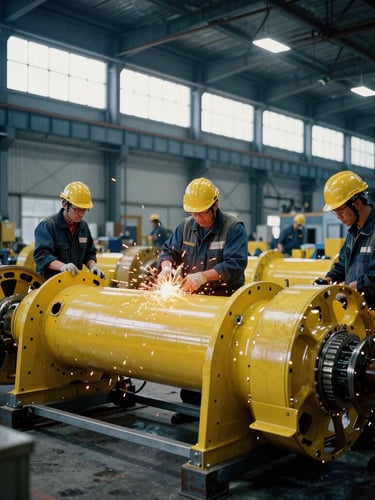 Wide environmental shot of engineers working on massive yellow-fleet components inside a high-ceilinged workshop, cool blue tones, natural daylight streaming through high warehouse windows, high-contrast industrial lighting, 35mm.