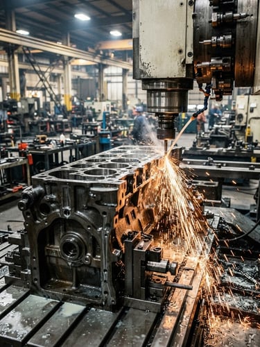 Wide shot of a heavy-duty tractor engine block being precision machined in a well-lit industrial workshop, cool steel tones, warm orange sparks, sharp macro focus, 35mm