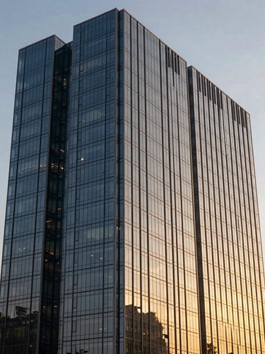 Sleek modern high-rise glass facade on Golf Course Road during golden hour, sharp architectural lines, warm sunlight reflecting off windows, professional corporate aesthetic