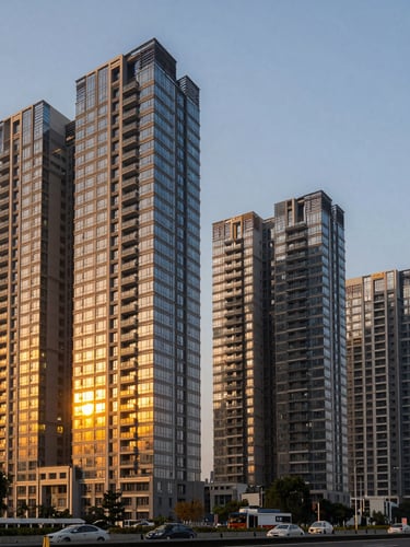 Sleek architectural twilight photography of modern high-rise residential towers along Dwarka Expressway in Gurugram, golden lights reflecting on glass facades, wide-angle perspective.