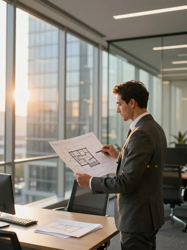 Professional real estate consultant in a tailored suit presenting architectural plans in a modern, sunlit Gurugram office, warm corporate tones, natural lighting
