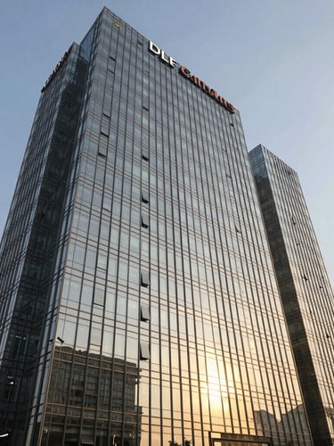 Sleek modern high-rise glass facade of DLF Camellias in Gurugram, bright golden-hour sunlight reflecting off glass windows, architectural photography, wide-angle lens