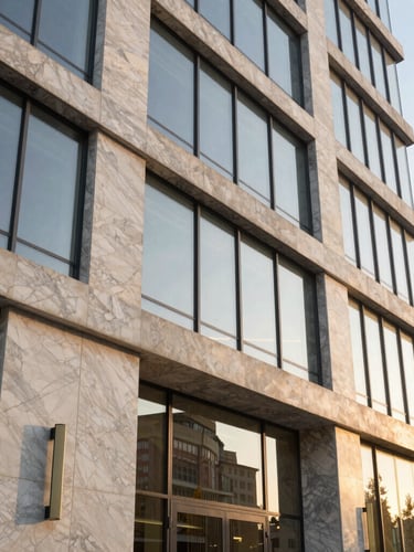 Close-up of premium marble and glass architectural finishes on a modern corporate building, sharp focus, warm editorial tones