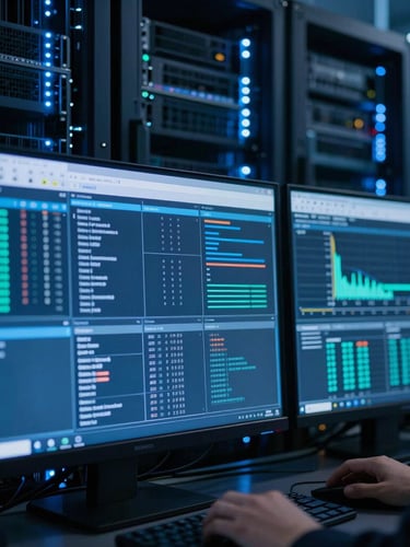 Close-up of network engineers monitoring dashboards, cool-toned blue LED lighting, sharp focus on screens, 35mm