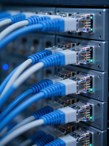 Macro close-up of immaculate structured cabling in a server rack, sharp focus on blue and white ethernet cords, cool-toned technical photography, low-key blue LED lighting, 35mm