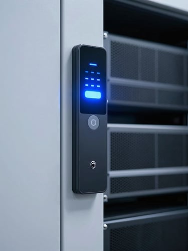 Modern office security access point with LED indicator, clean architectural shot, cool-toned lighting, 35mm