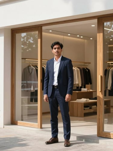 A professional local entrepreneur in a bright, modern retail space in Northeast India, natural daylight, clean high-contrast shadows, sharp focus.