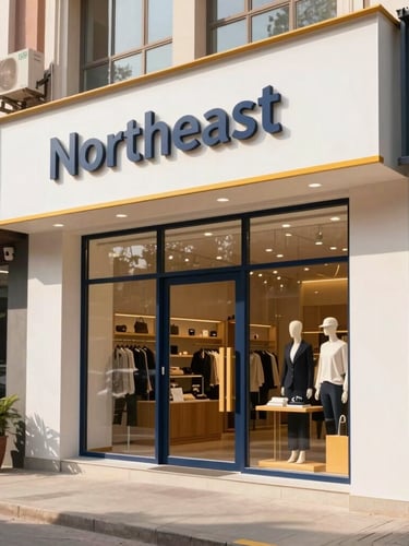 A bright, modern retail franchise storefront in Northeast India, clean architectural lines, natural daylight, warm marigold accents, professional editorial style.