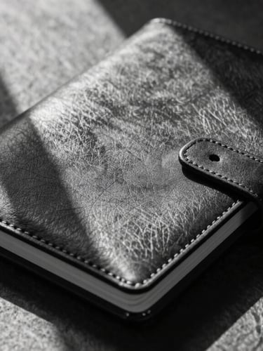 High-contrast black and white close-up of a structured leather notebook open on a dark slate desk, natural side light casting deep architectural shadows.
