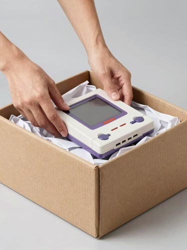 Hands carefully placing a wrapped retro gaming console into a thick double-walled cardboard box filled with protective paper, clean studio lighting, neutral background