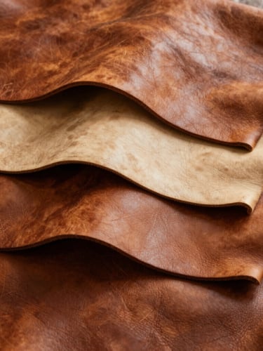 Wide portrait shot of a stack of raw, richly textured full-grain leather hides in warm brown and beige tones, bathed in soft diffused natural light, showing natural imperfections and depth, bleeding to the right edge.