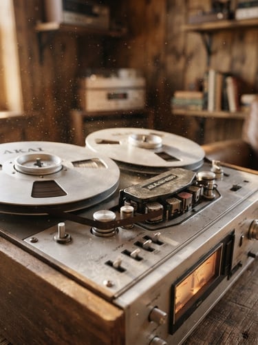 Macro shot of old analog reel-to-reel tape recorder in a wooden-paneled room, warm natural window light, dust motes in the air